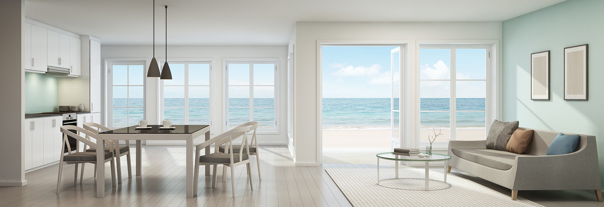 Sea view living room, dining room and kitchen, Beach house